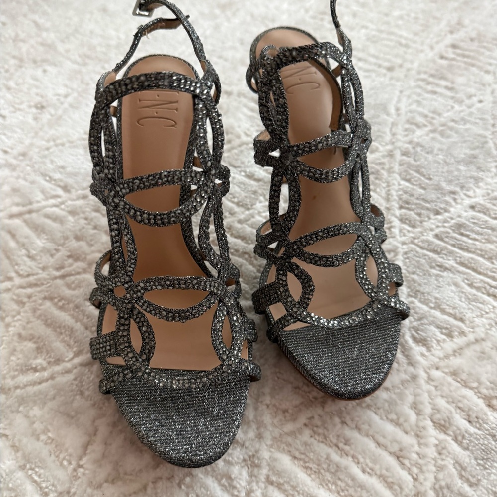 INC International Concepts Silver Glitter Strappy High Heel Sandals